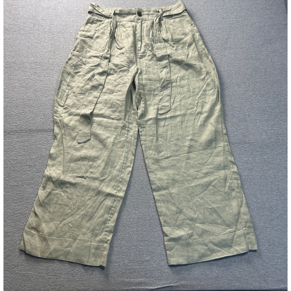 Joie Pleated Wide Leg Womens Large Sage Green 100% Linen High Rise Pants Casual